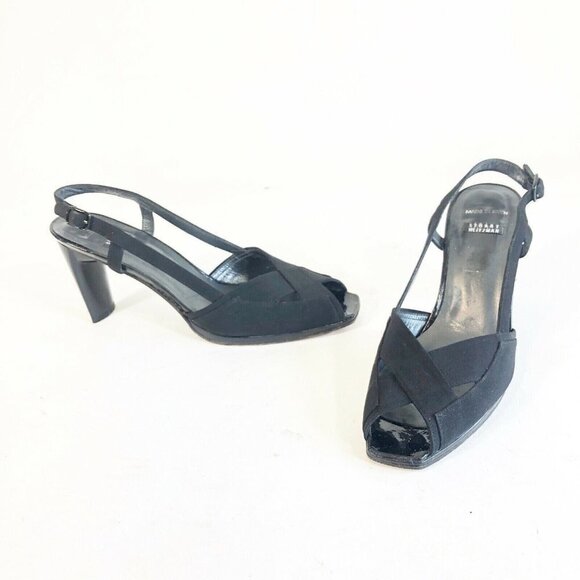 Stuart Weitzman Slingback Leather Pump Heels Womens 8.5 AA Black Peep Toe Buckle - Picture 1 of 8